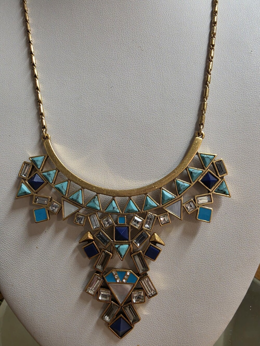 Stella & Dot Elodie Bib Necklace Geometric Turquoise Cobalt Blue Gold Statement